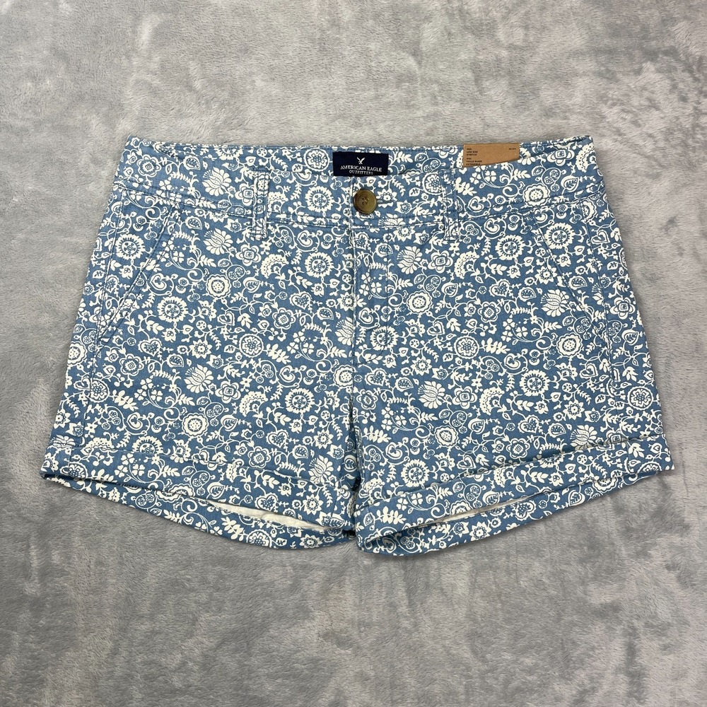 NWT American Eagle Shorts Womens 6 Blue White Floral Midi Low Rise Stretch